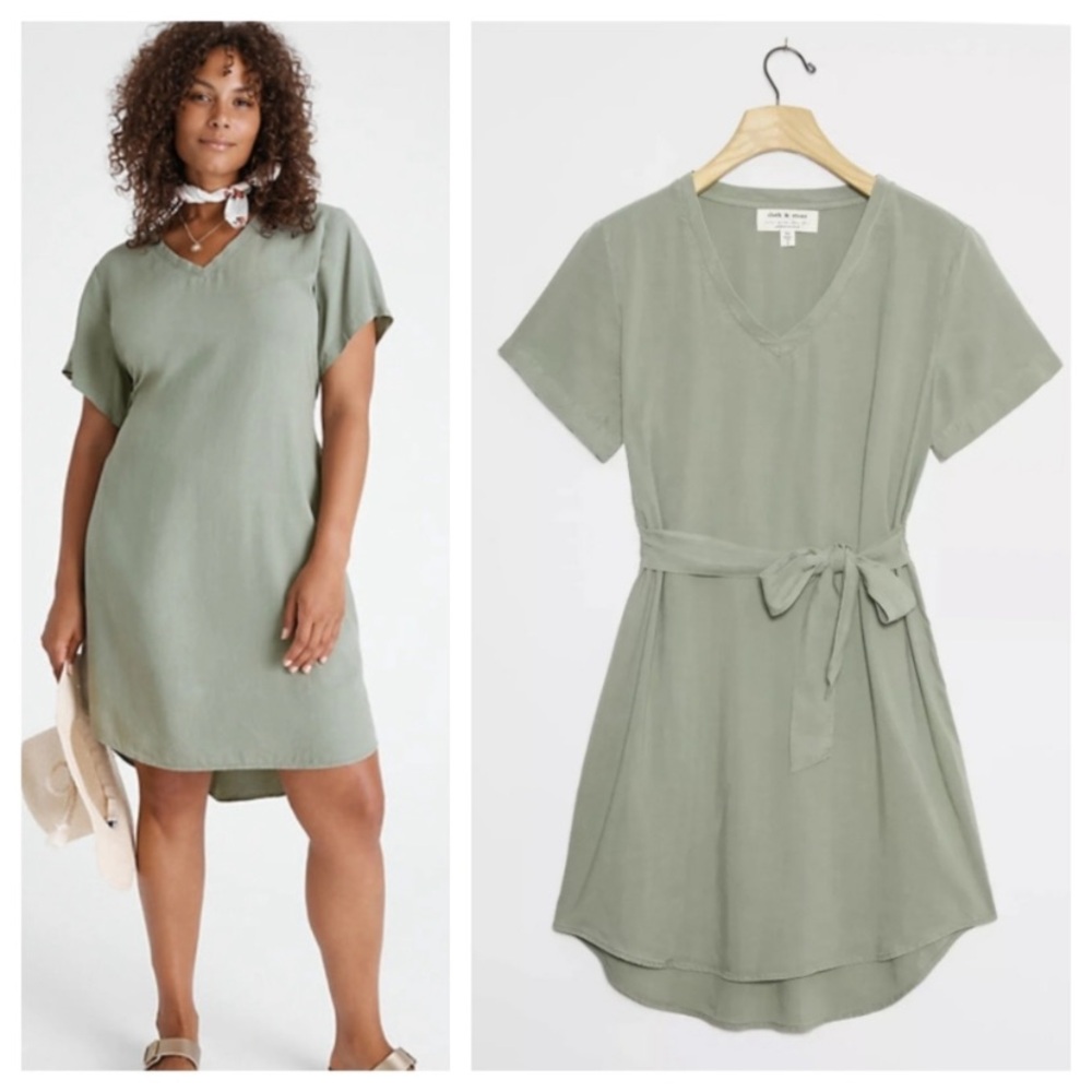 Anthropologie Cloth & Stone Sage Green V-Neck Short Sleeveโ Tie Waist Dress Med